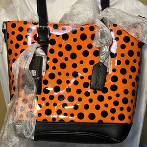 Dasein Orange Black Polka Dot Tote Purse Patent Finish Shoulder Bag Vegan   NWT